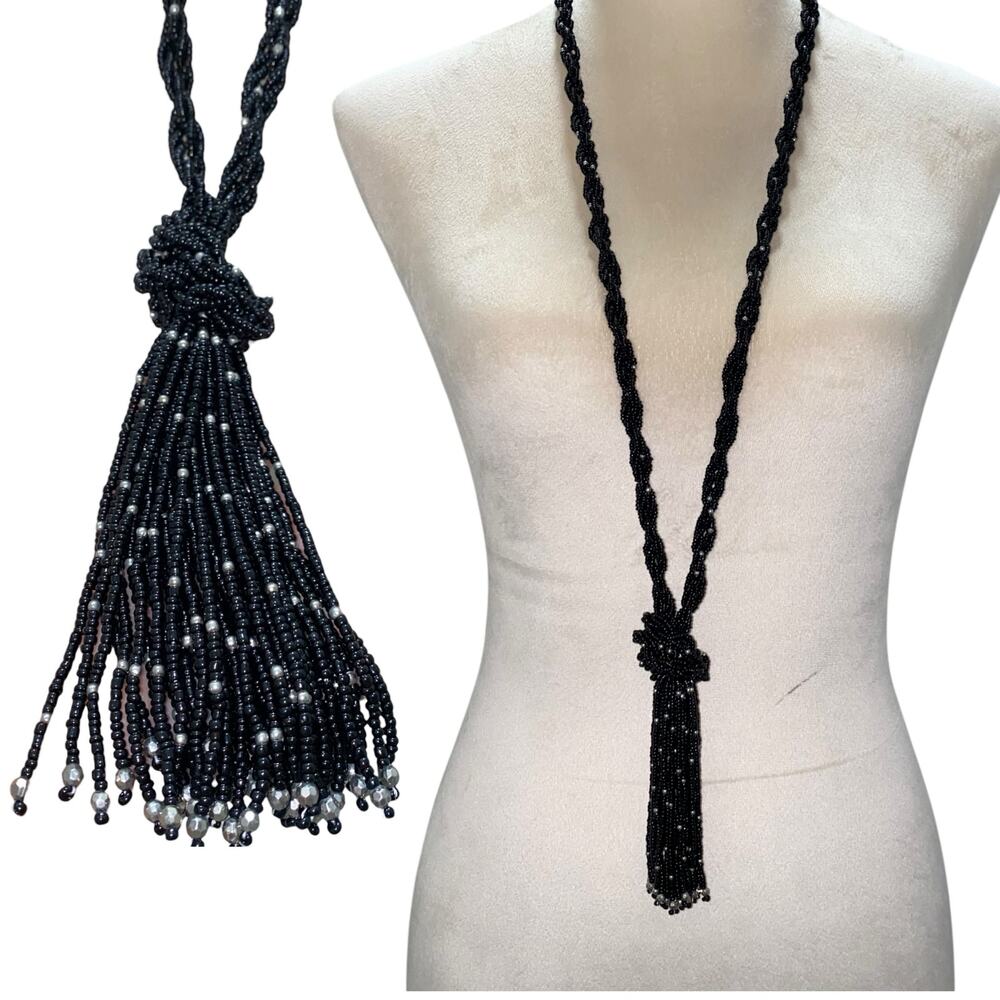 Chico's Black & Silver Beaded Knot Tassel Long Statement Necklace